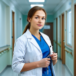 A young female doctor in her late 20s, focused and professional. She is dressed in clean, dark blue medical scrubs and a pristine white lab coat. The setting is a brightly lit, bustling corridor of a large Russian public hospital, with a blend of functional medical equipment and institutional elements in the background, conveying a dedicated and busy environment. fully clothed, modest clothing, appropriate attire, professional dress, perfect anatomy, correct proportions, natural pose, well-formed hands, proper finger count, natural body proportions, safe for work, appropriate content, professional, family-friendly.