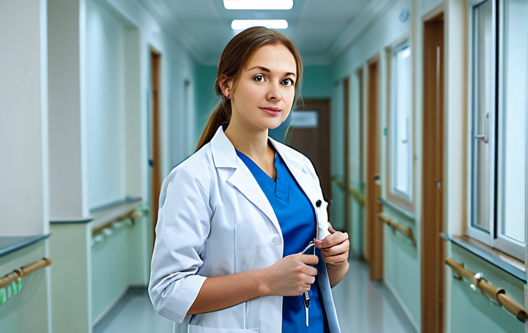 A young female doctor in her late 20s, focused and professional. She is dressed in clean, dark blue medical scrubs and a pristine white lab coat. The setting is a brightly lit, bustling corridor of a large Russian public hospital, with a blend of functional medical equipment and institutional elements in the background, conveying a dedicated and busy environment. fully clothed, modest clothing, appropriate attire, professional dress, perfect anatomy, correct proportions, natural pose, well-formed hands, proper finger count, natural body proportions, safe for work, appropriate content, professional, family-friendly.