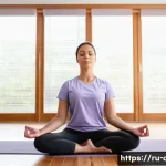 의료 종사자를 위한 스트레스 관리법 - A serene indoor scene of a female healthcare worker in her late 30s practicing mindfulness meditatio...