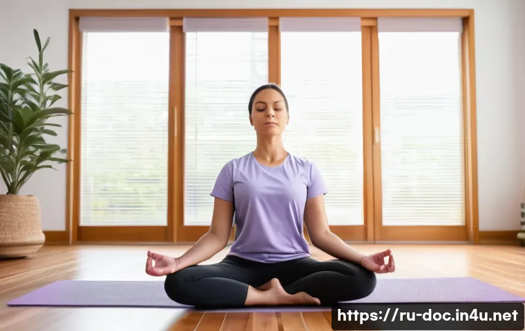 의료 종사자를 위한 스트레스 관리법 - A serene indoor scene of a female healthcare worker in her late 30s practicing mindfulness meditatio...