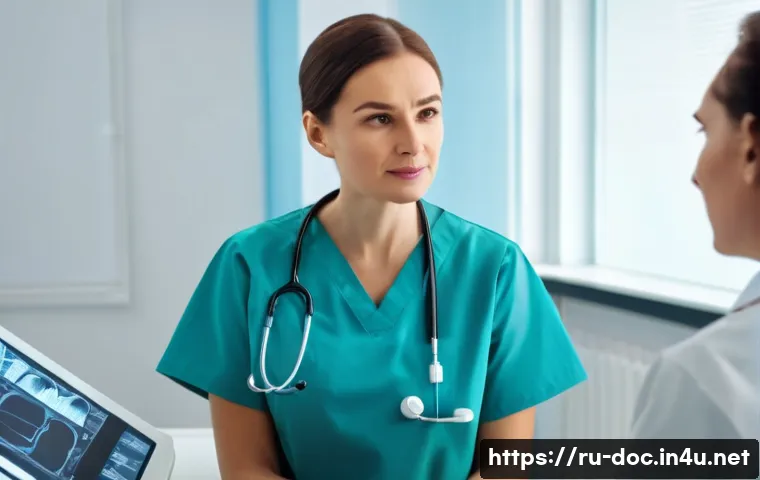 의료 실습에서 배운 것들 - A compassionate female doctor in a modern Russian clinic, attentively listening and communicating wi...
