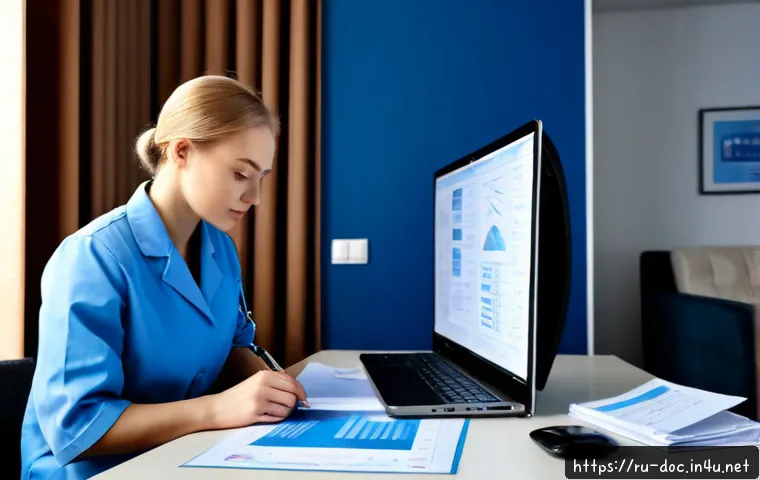 Home 17 전문의를 위한 학술대회 준비 - Photorealistic Russian medical specialist preparing for an academic conference at a clean home-offic...