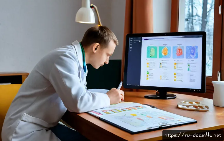 전문의 이론 공부법 - Photorealistic Russian medical resident studying specialist-level theory at a tidy apartment desk in...